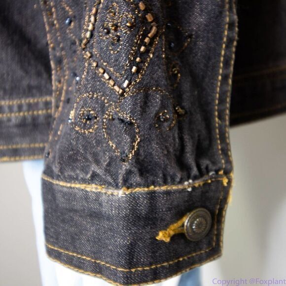 Laura Ashley brown beaded embroidered button up jean jacket, size M - Picture 10 of 16